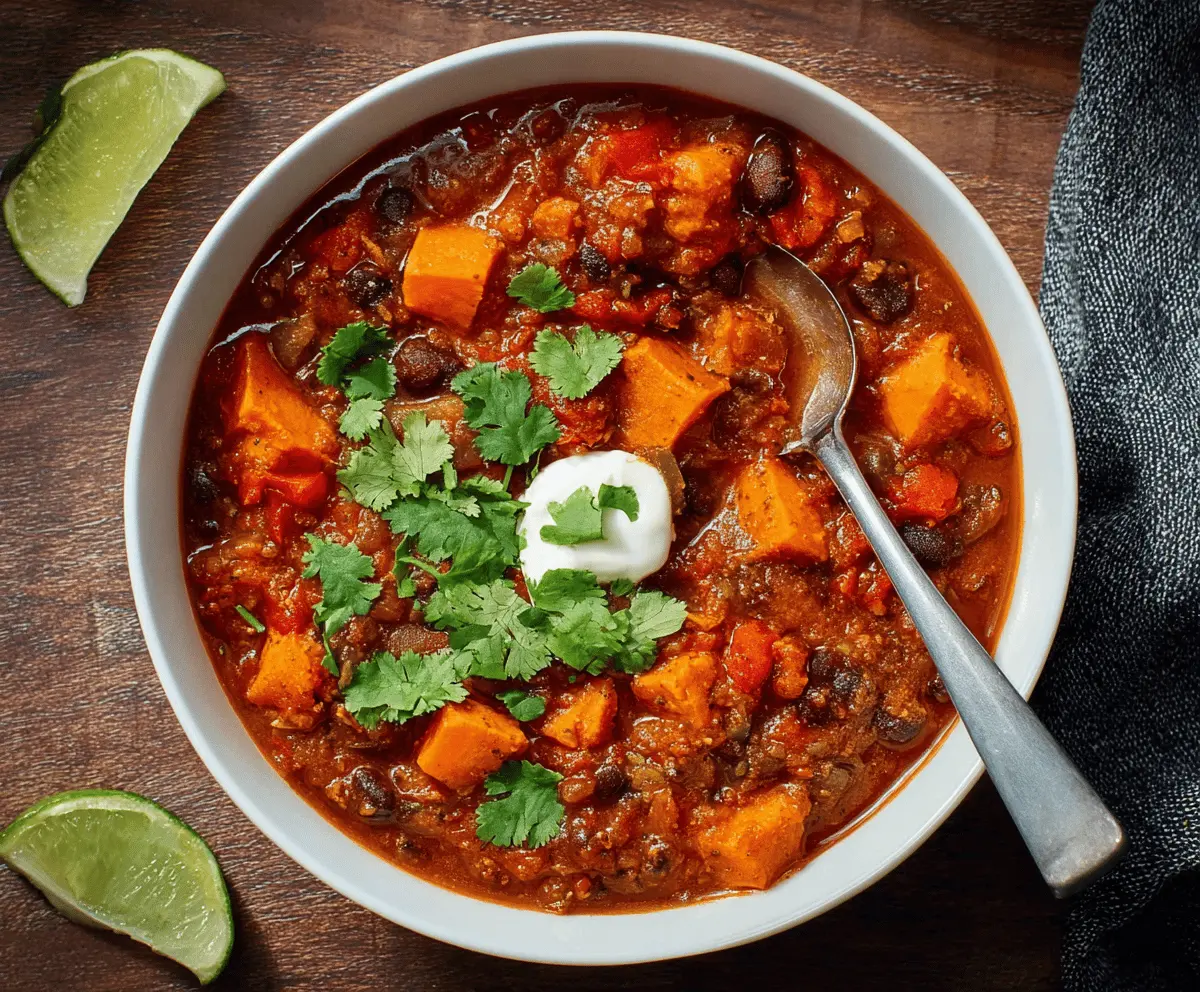 A hearty bowl of sweet potato chili topped with fresh herbs and served with crusty bread on a rustic wooden table.