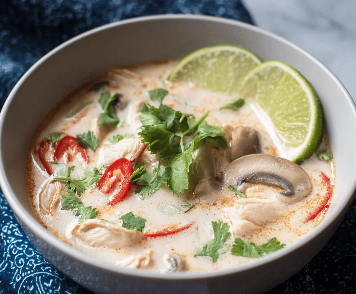 Creamy Thai Coconut Chicken Soup (Tom Kha Gai) with tender chicken, fresh herbs, and aromatic coconut milk in a bowl