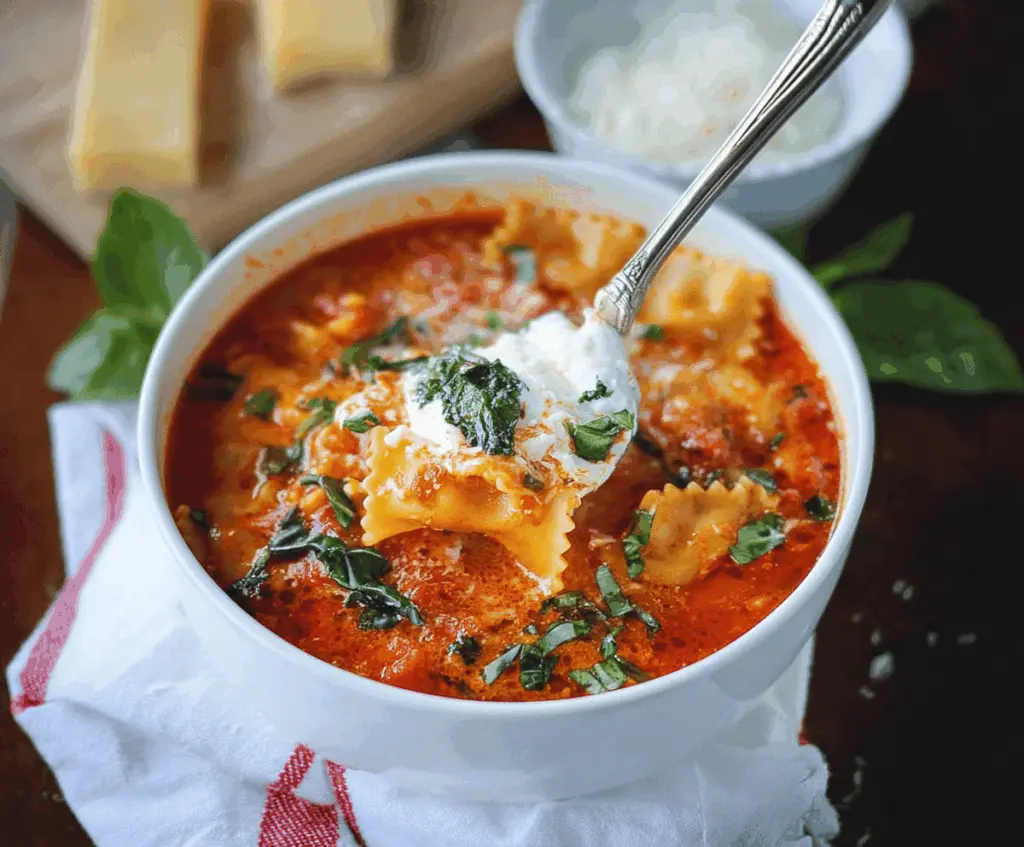 Delicious Tomato Basil Lasagna Soup in a bowl with melted cheese, fresh basil, and tomato sauce, served with garlic bread on the side
