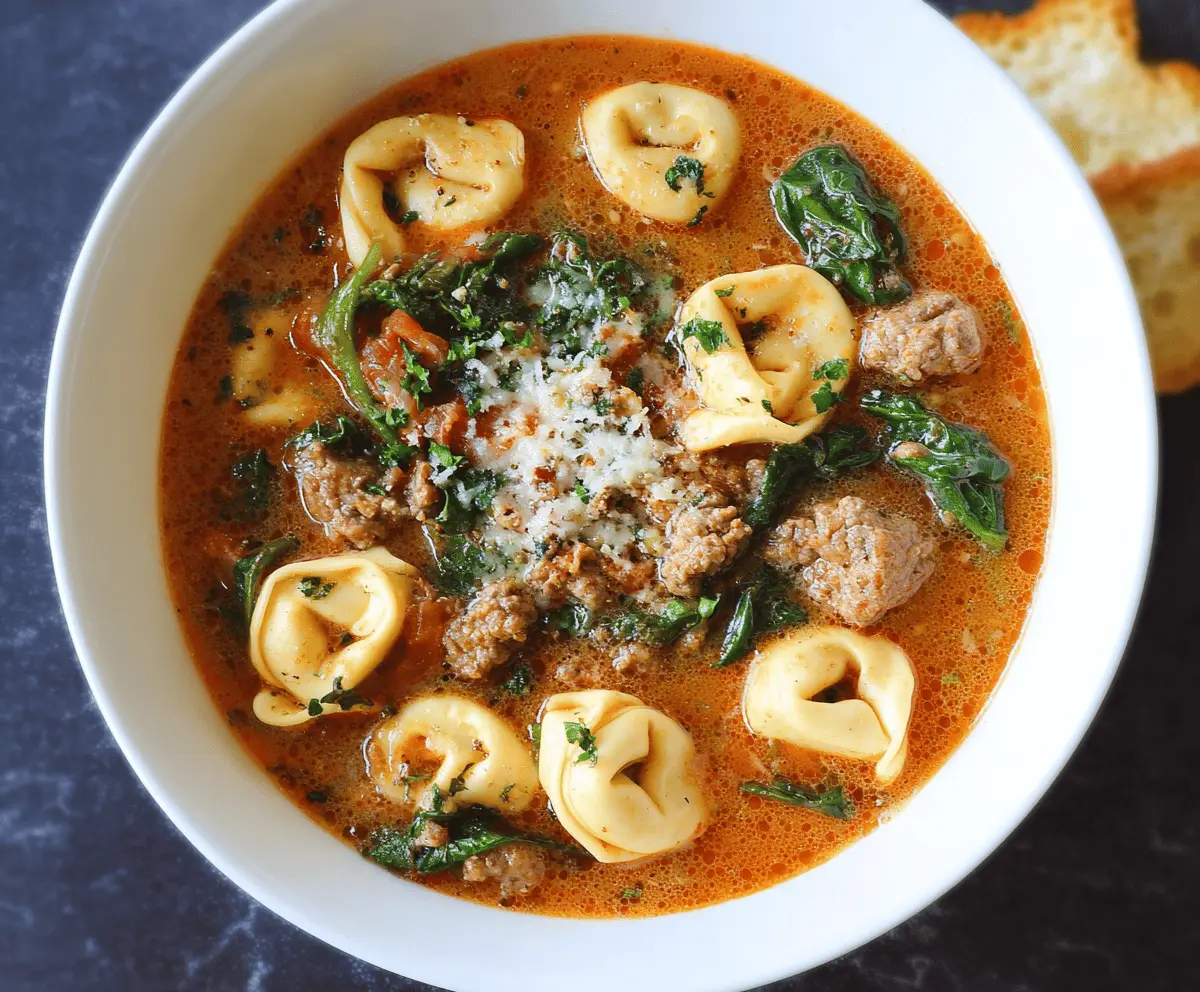 Creamy tortellini soup with fresh basil, spinach, and grated Parmesan cheese in a bowl on a rustic wooden table.