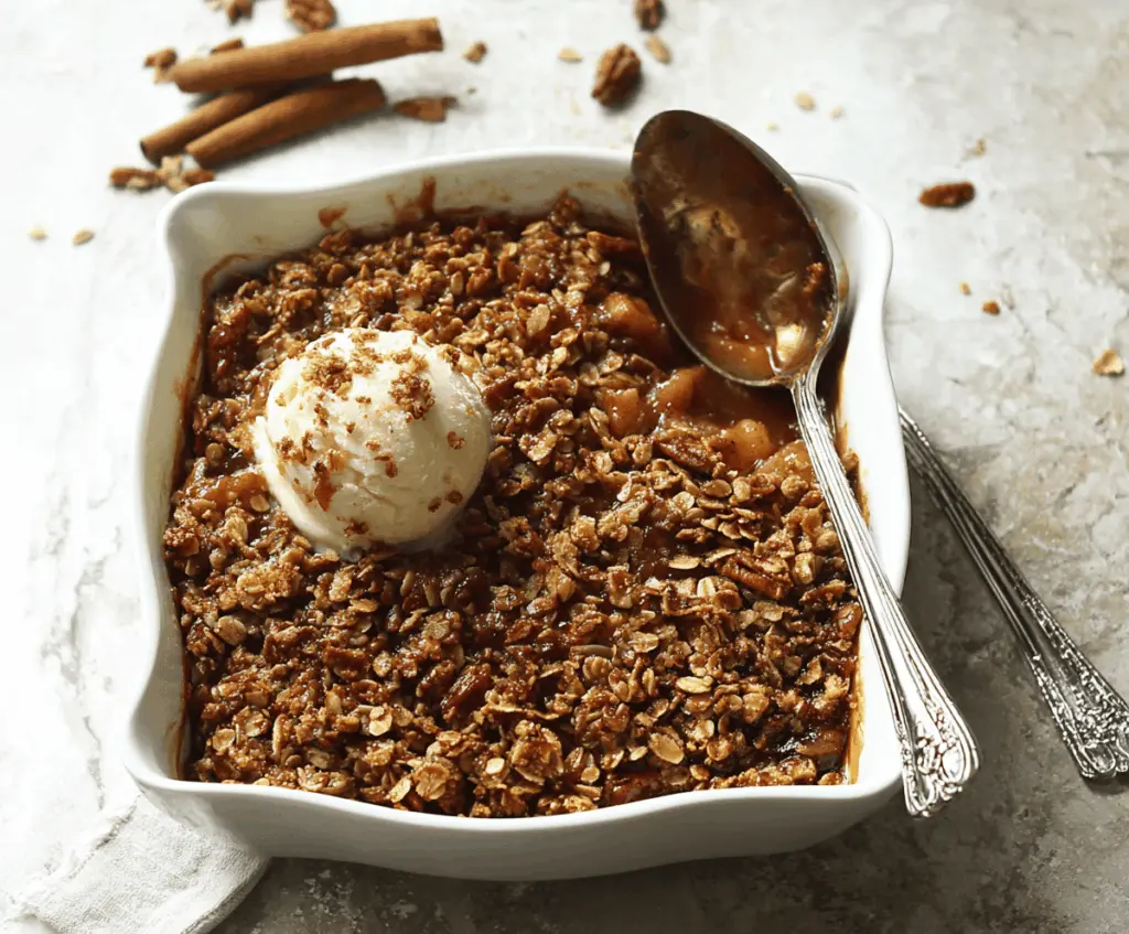 Delicious vegan apple crisp topped with cinnamon and oats, served in a baking dish with fresh apple slices on a rustic wooden table.