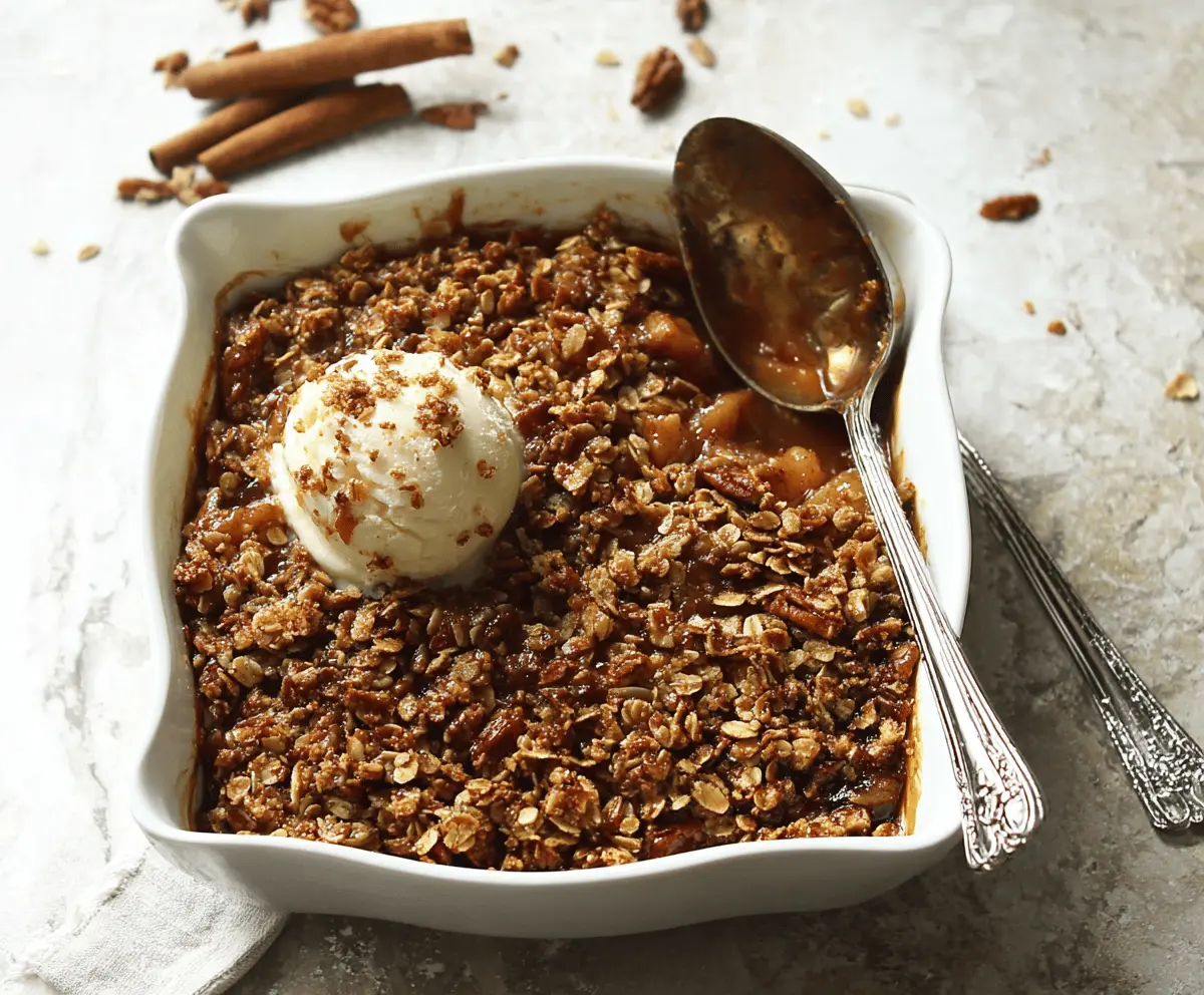 Delicious vegan apple crisp topped with cinnamon and oats, served in a baking dish with fresh apple slices on a rustic wooden table.