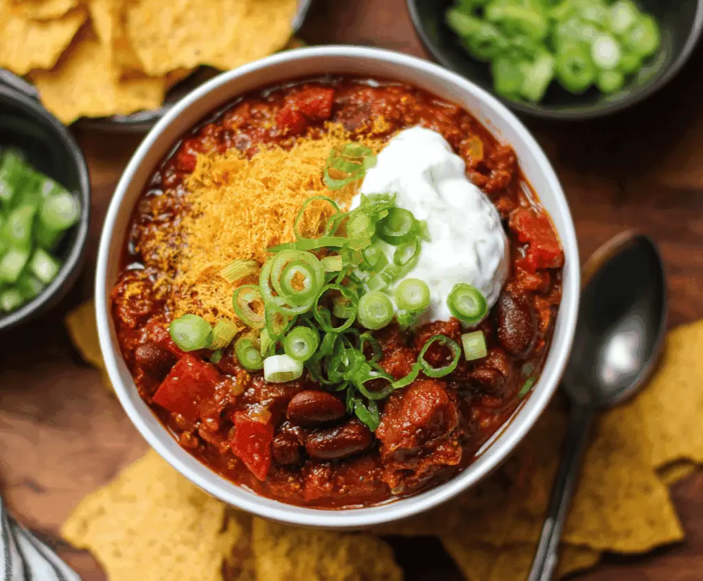 Vegan chili served in a bowl with beans, vegetables, and spices, garnished with fresh herbs, perfect for a hearty plant-based meal
