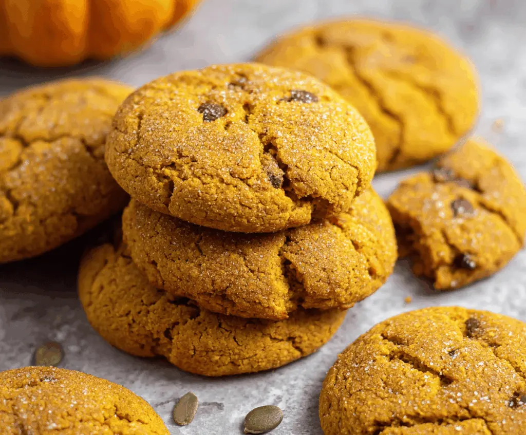 Delicious vegan pumpkin cookies topped with cinnamon and walnuts on a rustic wooden table, perfect for fall baking