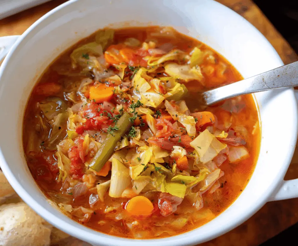 A bowl of healthy Weight Watchers cabbage soup garnished with fresh herbs, featuring shredded cabbage, vegetables, and broth on a rustic wooden table.