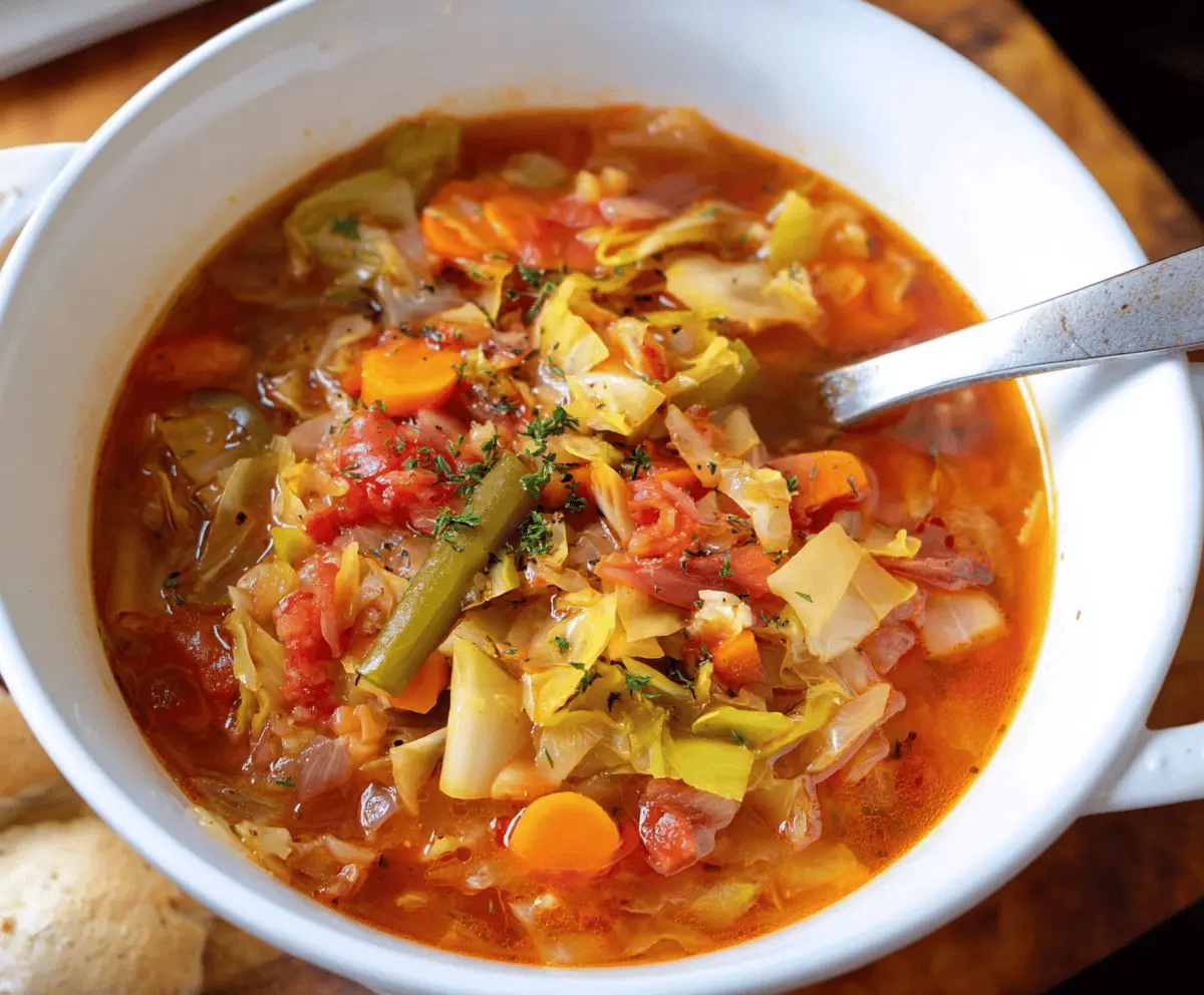A bowl of healthy Weight Watchers cabbage soup garnished with fresh herbs, featuring shredded cabbage, vegetables, and broth on a rustic wooden table.