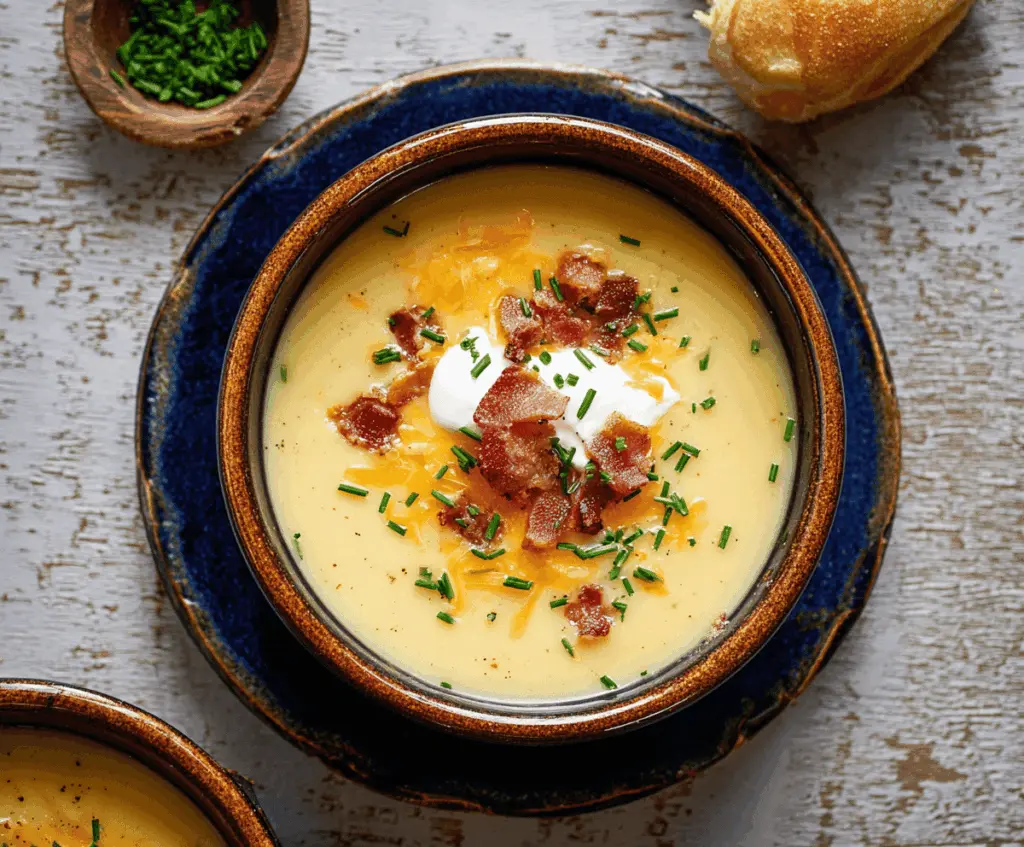 Creamy Yukon Gold Potato Soup served in a bowl with fresh herbs and crusty bread on a rustic wooden table
