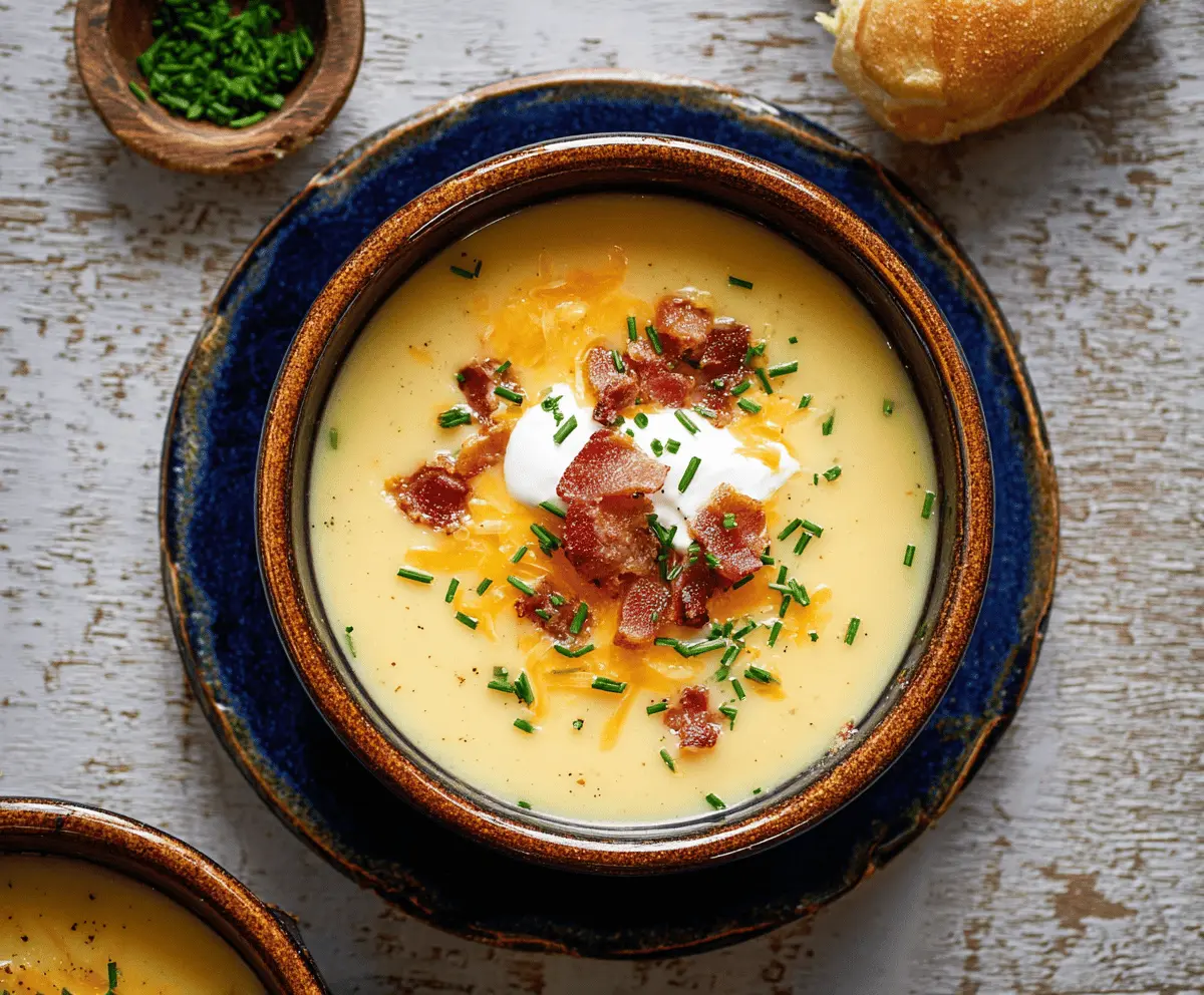 Creamy Yukon Gold Potato Soup served in a bowl with fresh herbs and crusty bread on a rustic wooden table