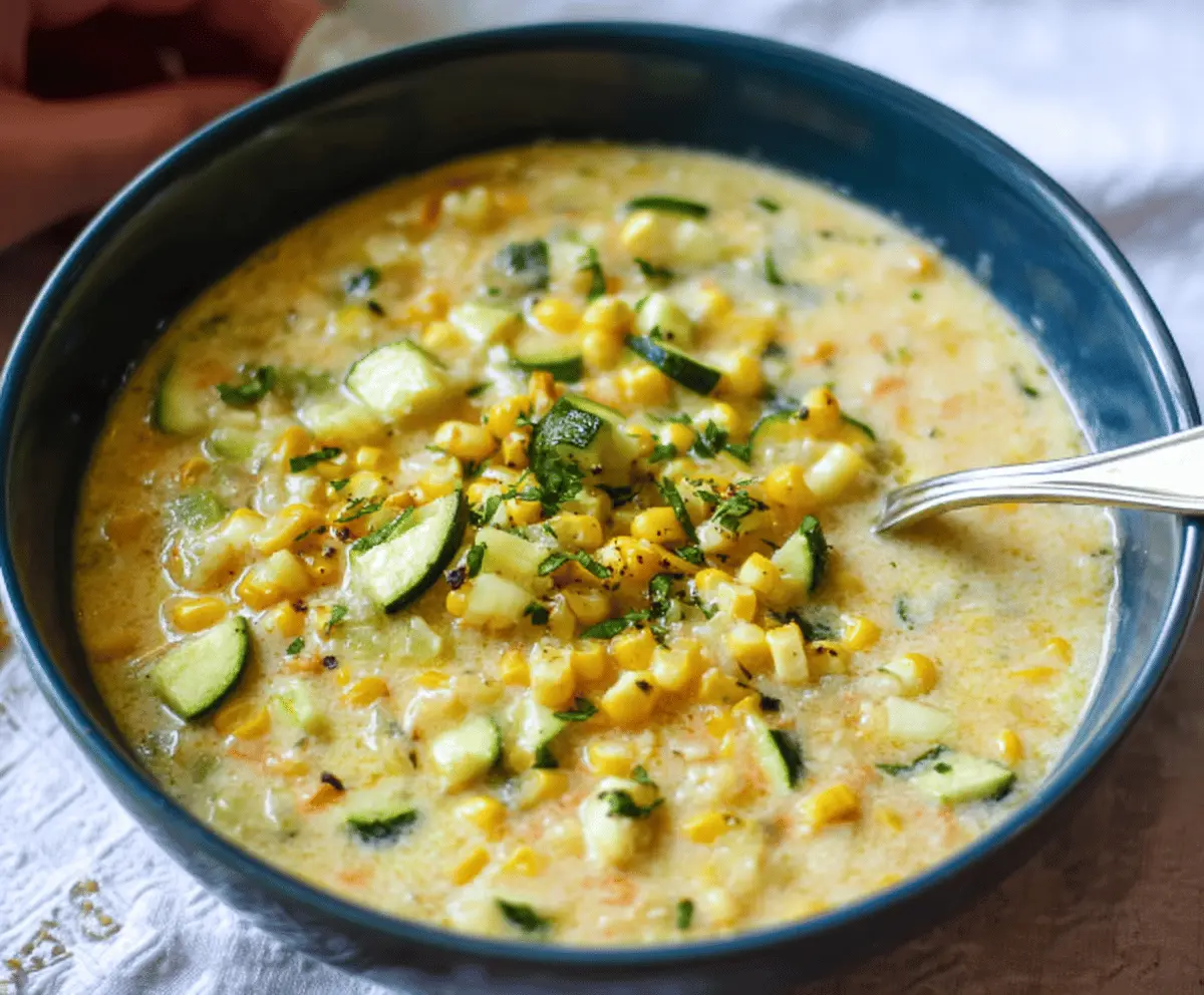 Creamy zucchini corn chowder in a bowl garnished with fresh herbs and crispy bacon bits, served with crusty bread on a rustic wooden table.