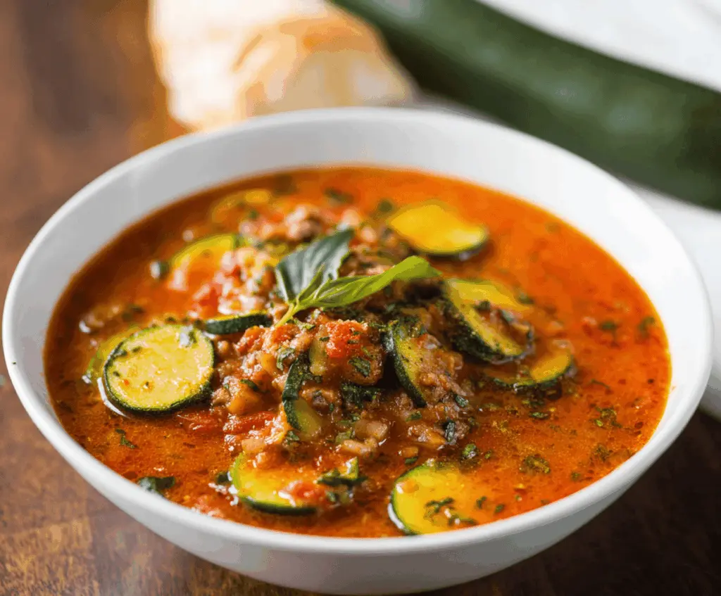 Hearty zucchini lasagna soup in a bowl topped with melted cheese and fresh herbs, served with crusty bread on a rustic wooden table.