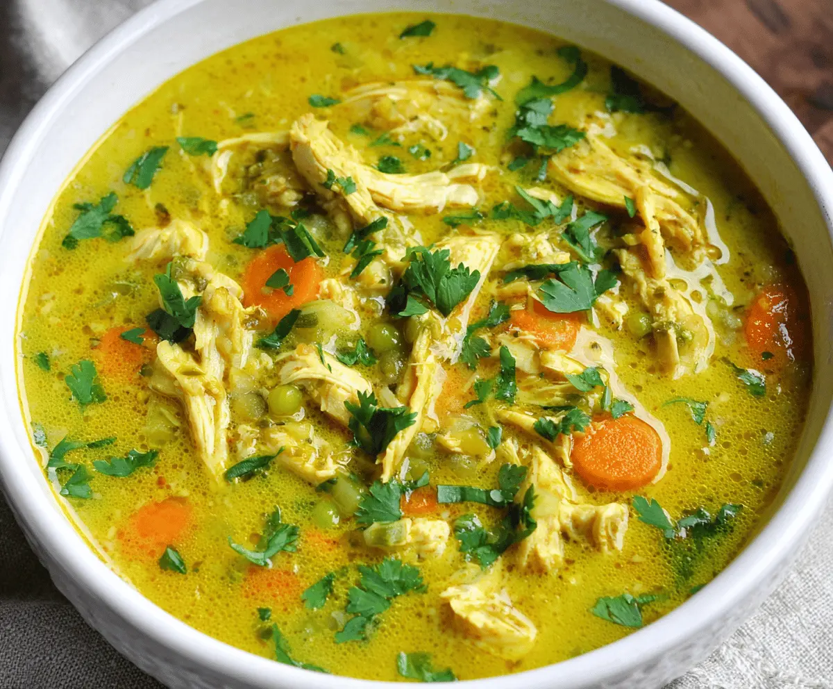 A bowl of anti-inflammatory turmeric chicken soup garnished with fresh herbs and spices, showcasing vibrant yellow turmeric broth, tender chicken pieces, and colorful vegetables.