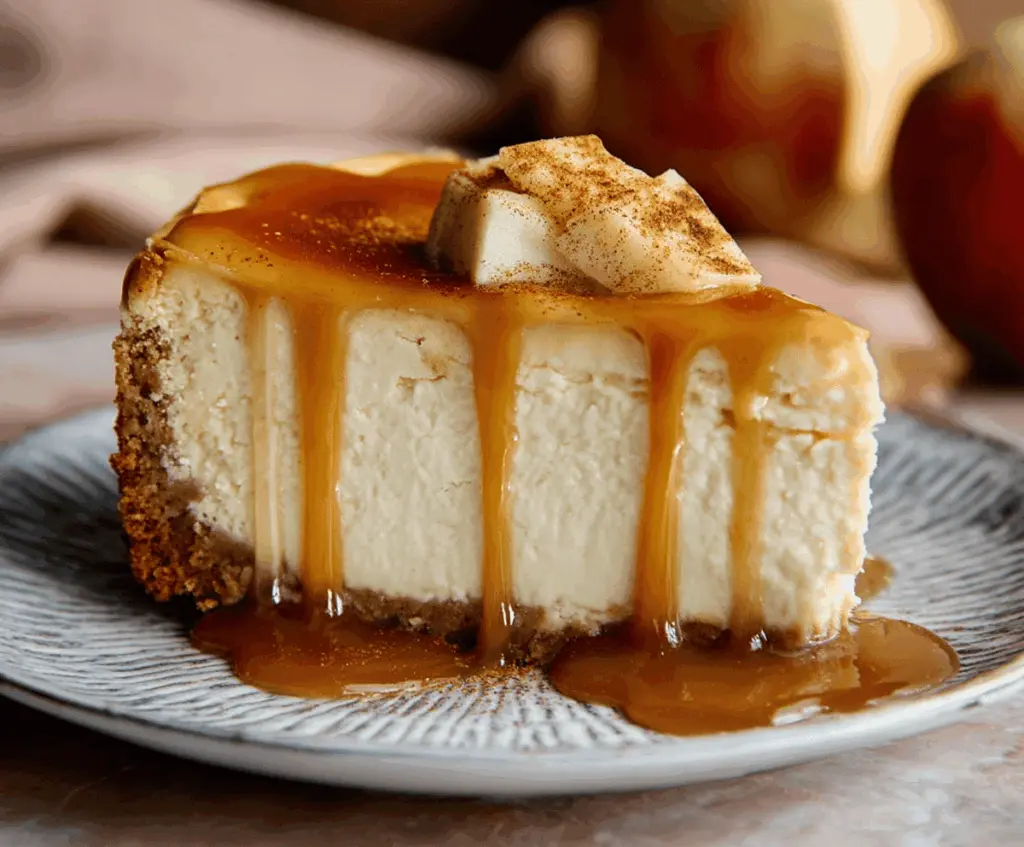Delicious apple cider cheesecake topped with fresh apple slices and cinnamon, perfect for fall desserts.