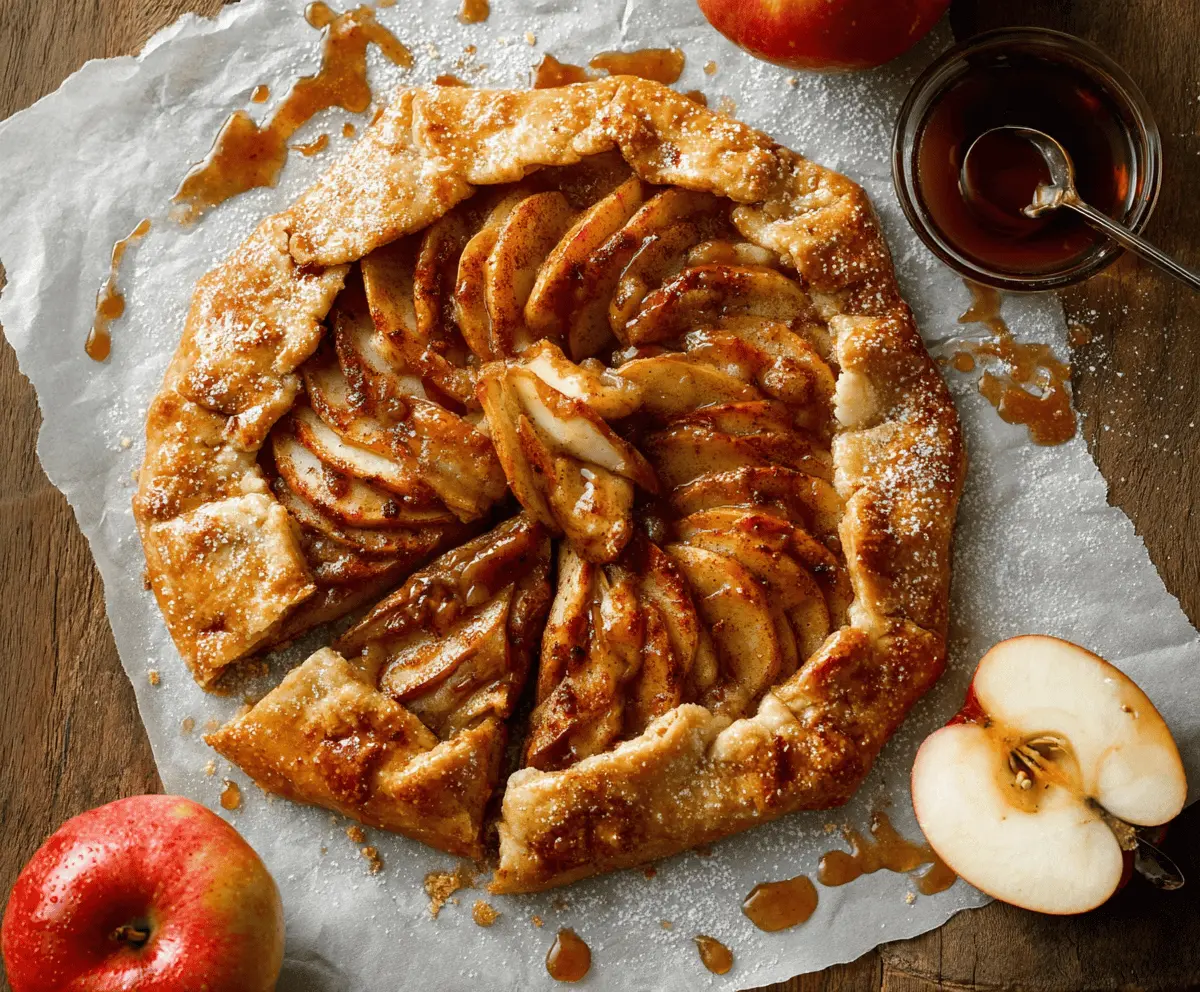 Delicious homemade apple galette with golden crust and cinnamon-spiced apple filling ready to serve.