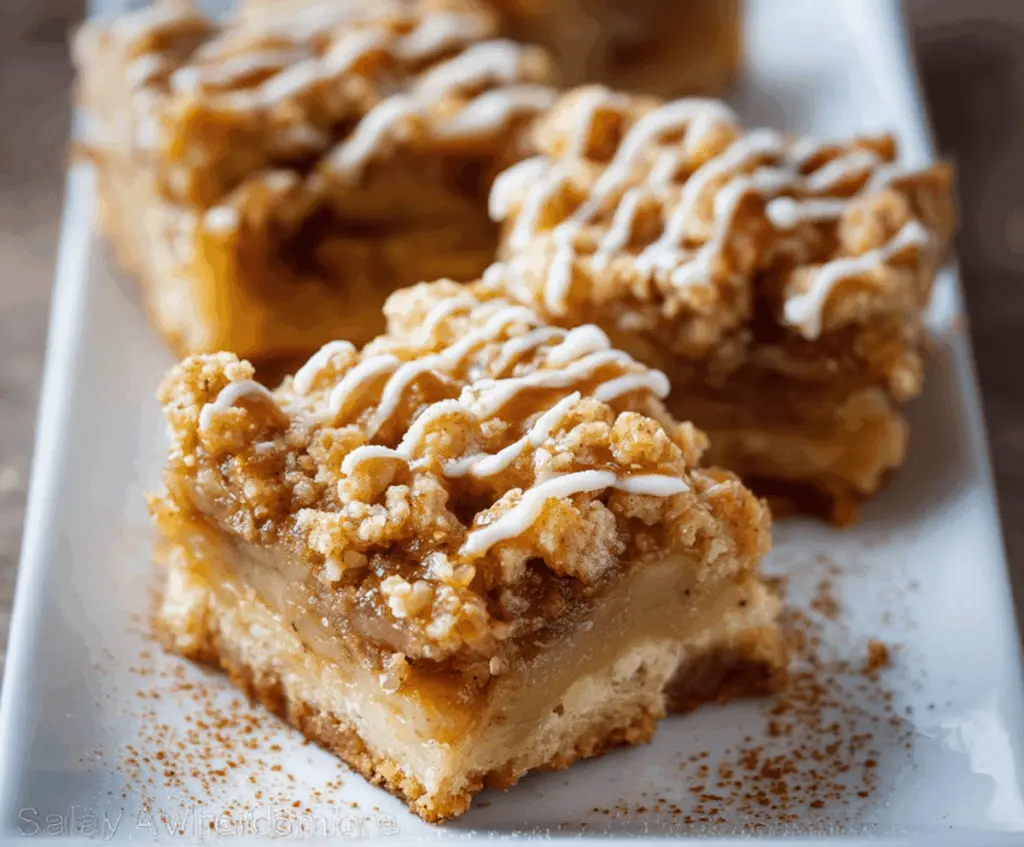 Delicious homemade apple pie bars with golden crust and cinnamon-spiced apple filling on a rustic wooden table