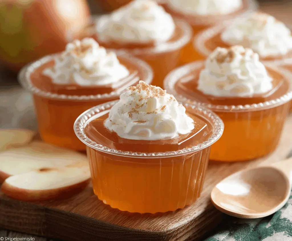 Delicious Apple Pie Jello Shots with a caramel drizzle and cinnamon topping