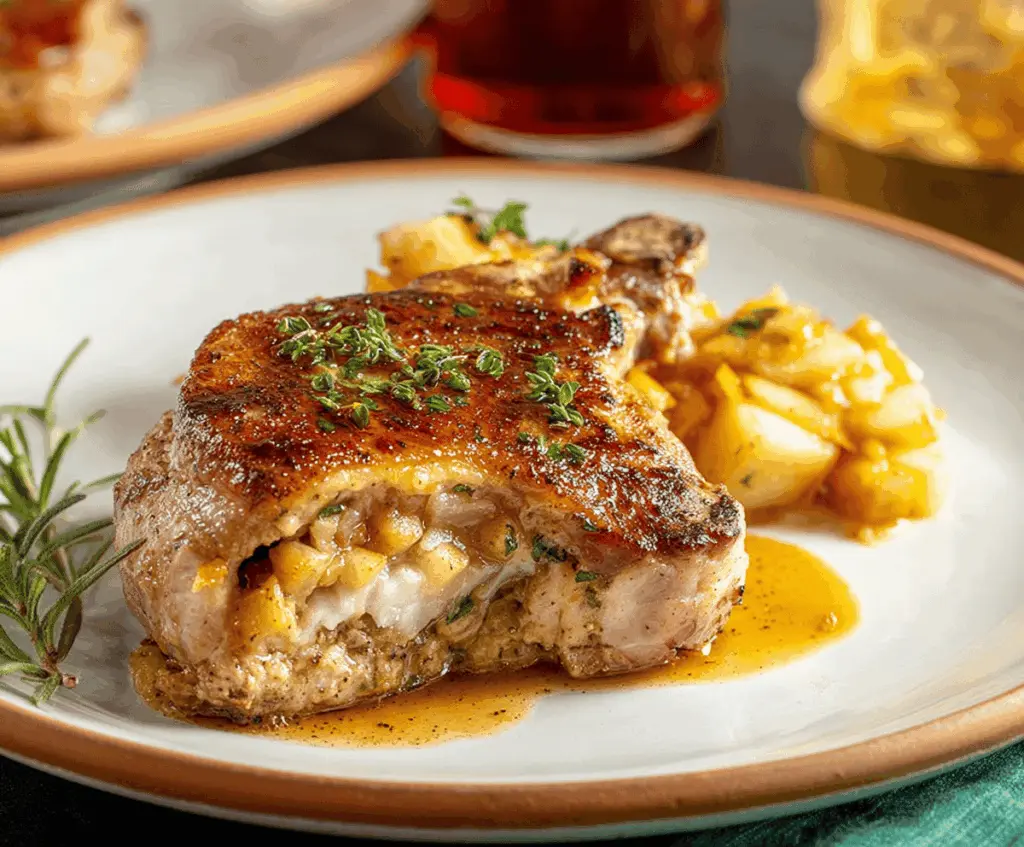Juicy apple-stuffed pork chops garnished with fresh herbs on a rustic wooden cutting board, perfect for a savory fall meal.