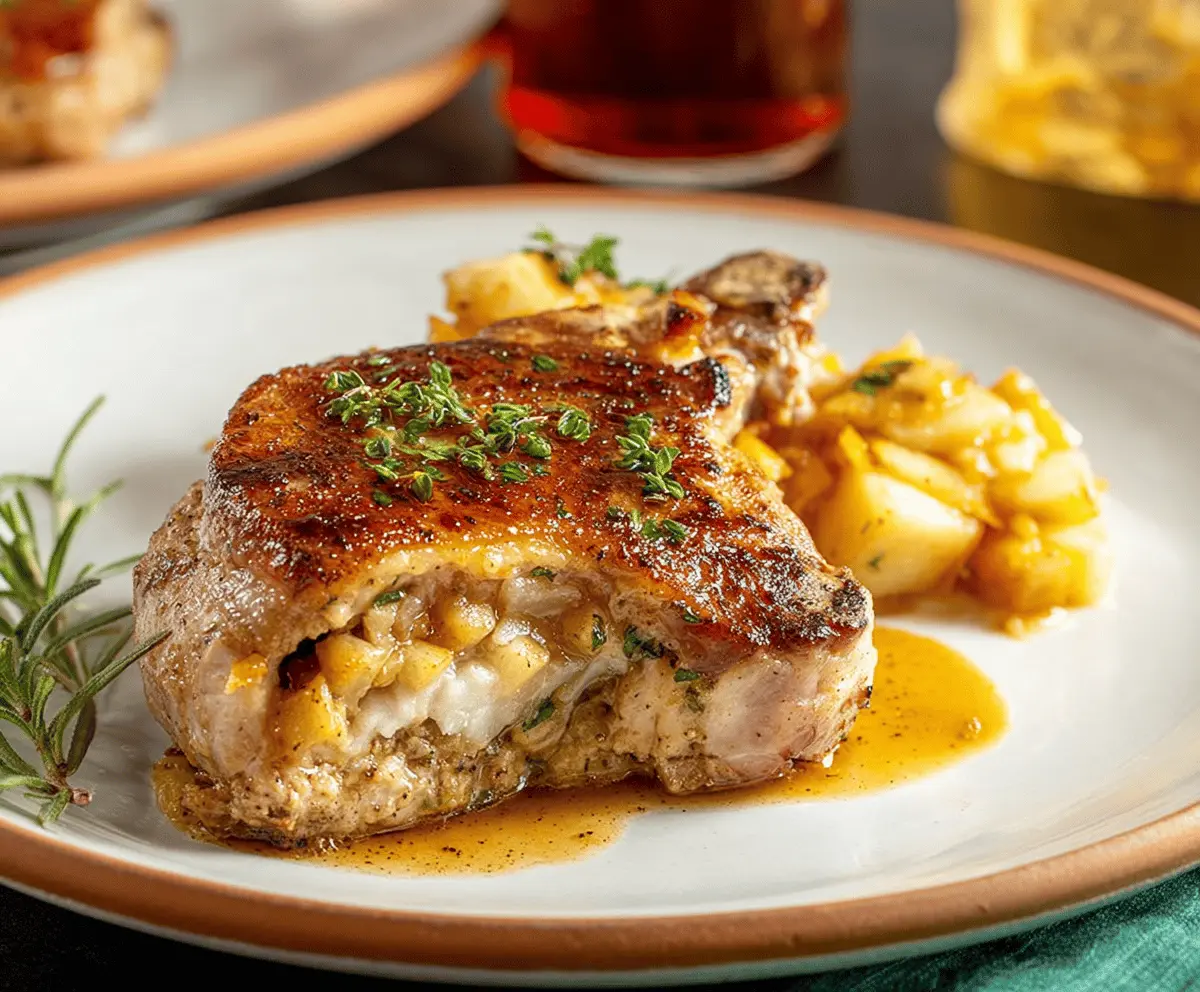 Juicy apple-stuffed pork chops garnished with fresh herbs on a rustic wooden cutting board, perfect for a savory fall meal.
