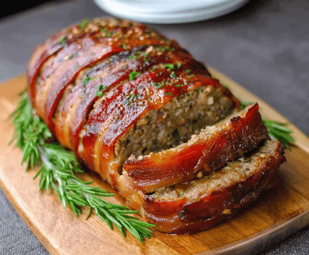 Delicious bacon-wrapped meatloaf garnished with herbs on a rustic wooden cutting board, ready to serve.