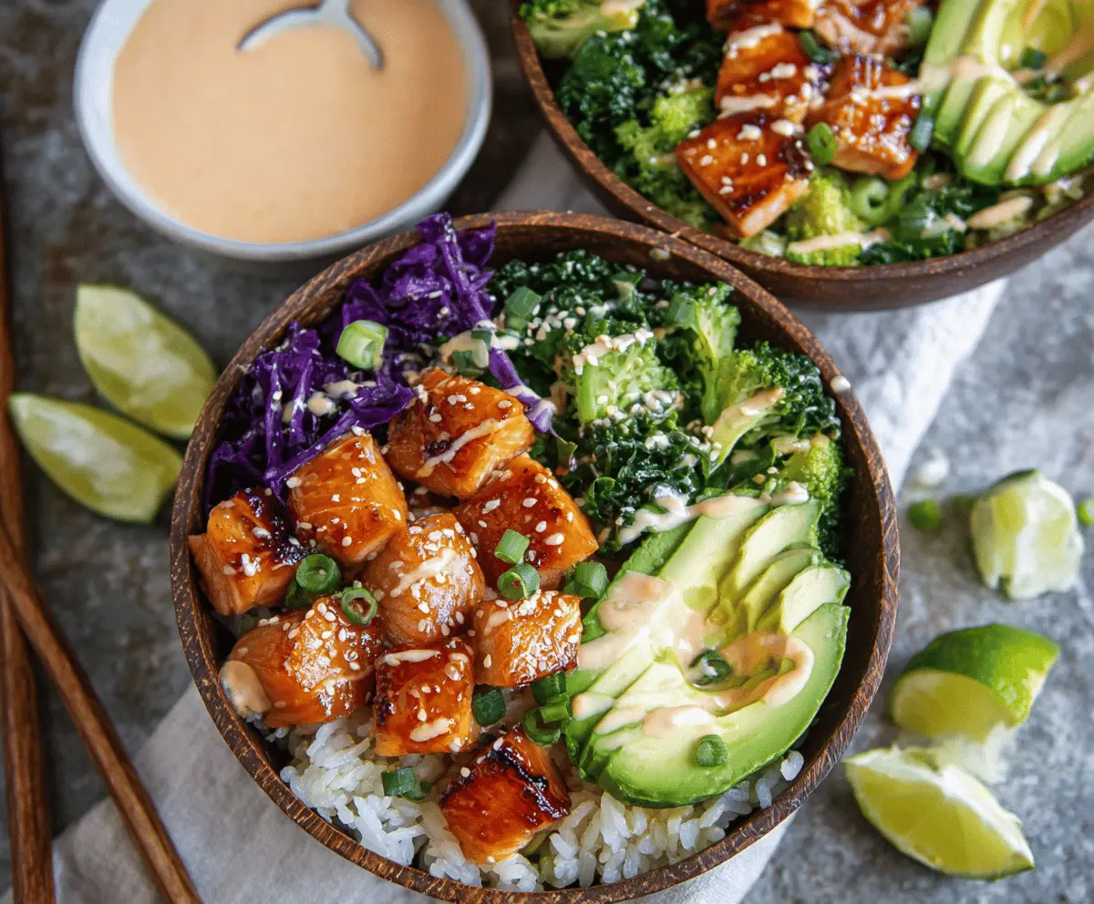 Delicious Bang Bang Salmon Bite Bowls with crispy salmon bites, creamy spicy sauce, fresh vegetables, and rice, served in a bowl perfect for a flavorful seafood meal.