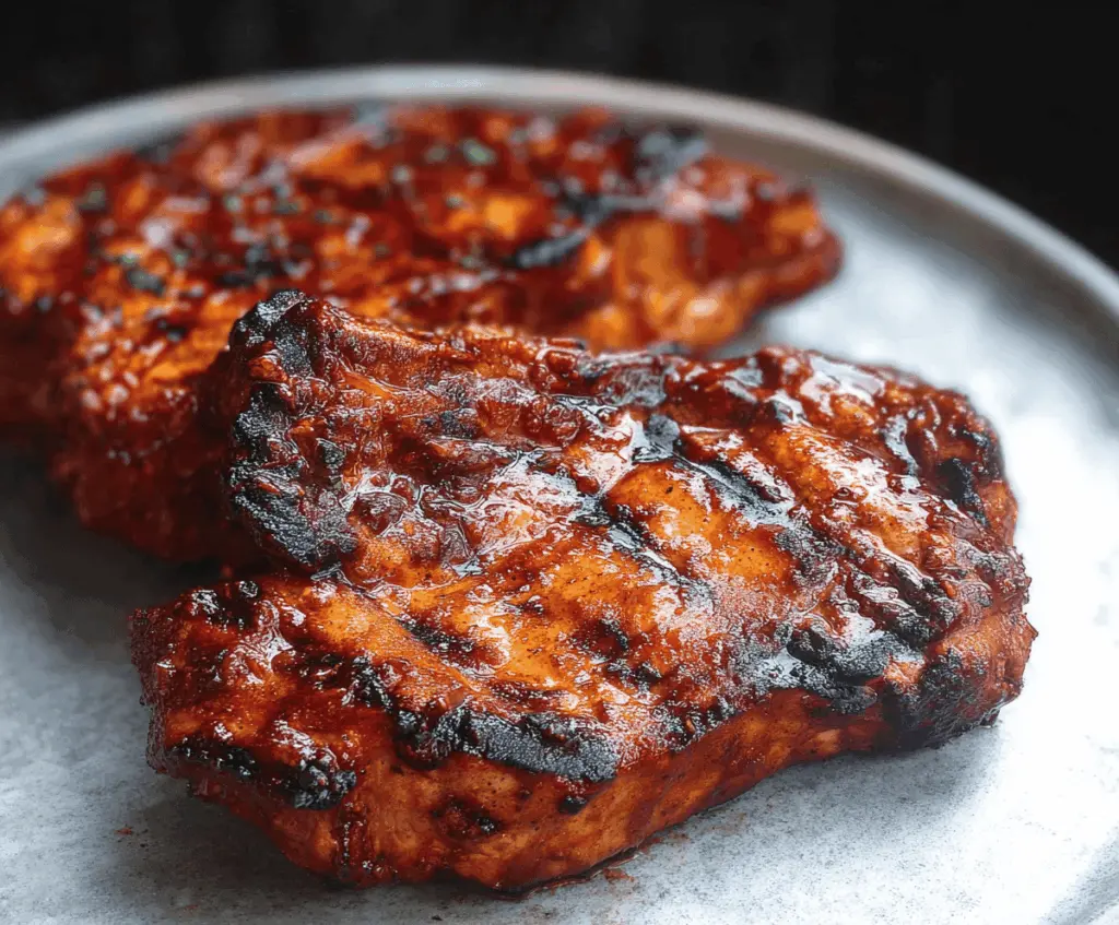 Juicy BBQ pork chops grilled to perfection with smoky glaze and caramelized edges on a serving plate