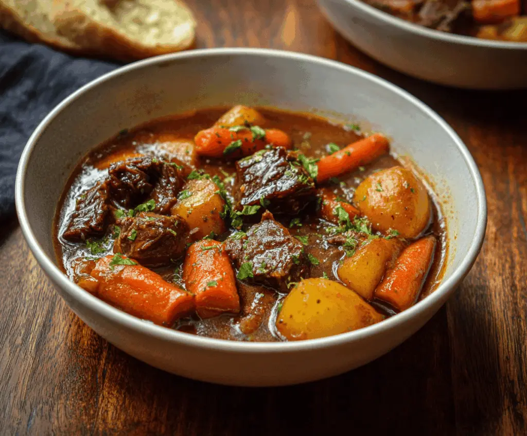 Hearty beef stew with tender carrots and potatoes in a savory broth, perfect for comforting meals.
