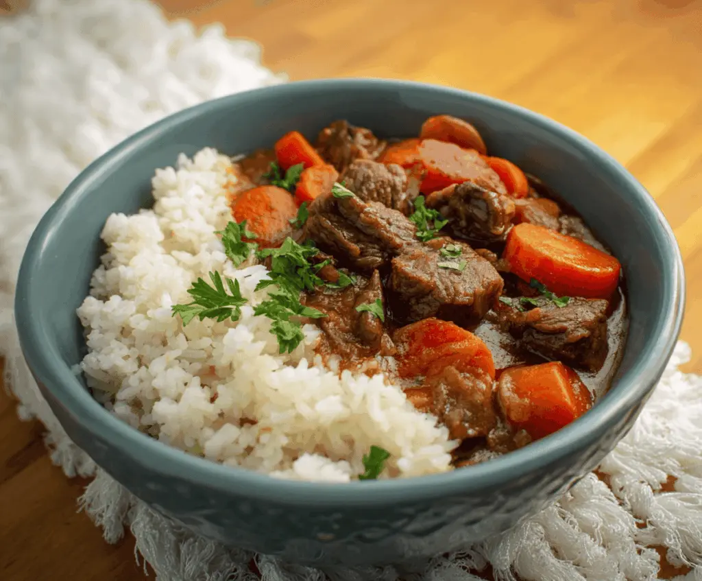 A hearty bowl of beef stew served over fluffy white rice with fresh herbs, perfect for a comforting meal.