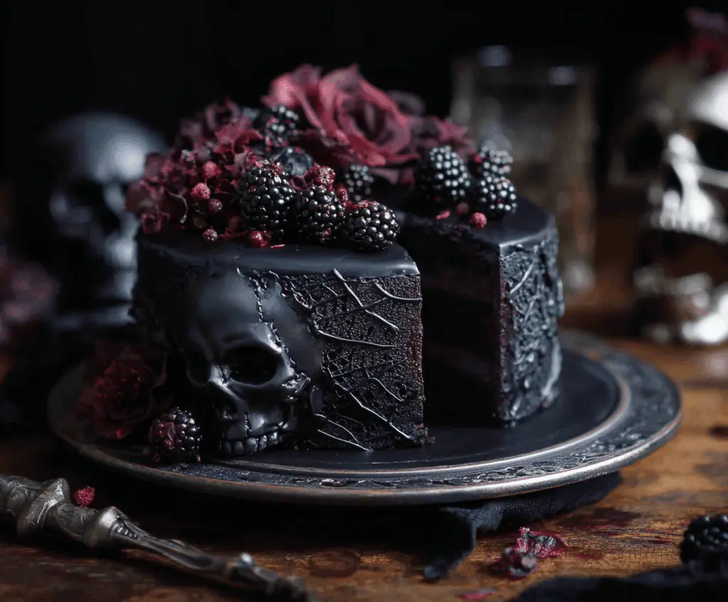 Delicious Black Velvet Halloween Cake decorated with spooky icing and Halloween-themed toppers for a festive celebration
