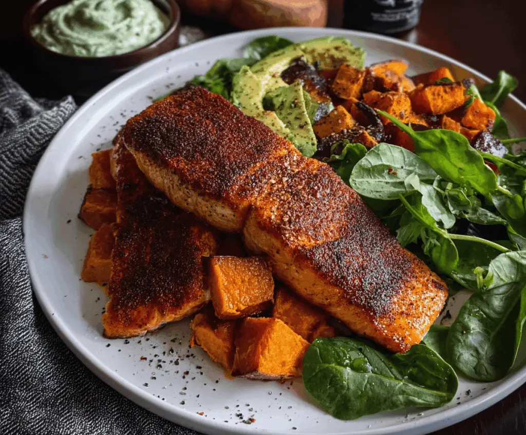Delicious blackened salmon served with roasted sweet potatoes on a white plate.