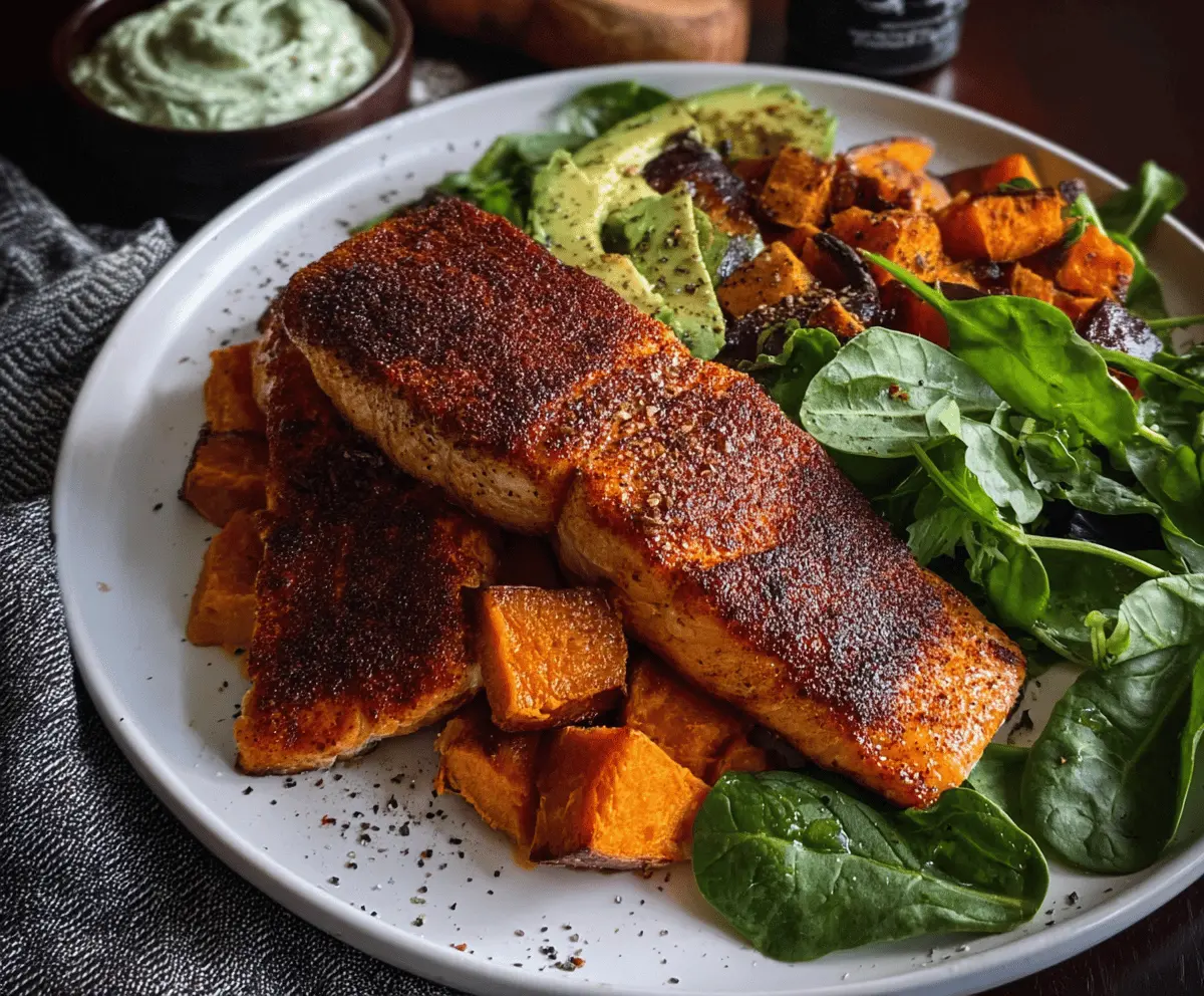 Delicious blackened salmon served with roasted sweet potatoes on a white plate.