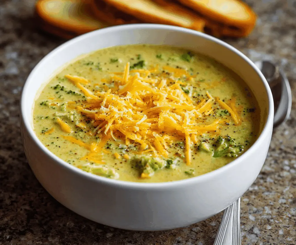 Creamy broccoli cheddar soup served in a bowl with fresh broccoli florets and melted cheddar cheese on top, perfect for a cozy meal.