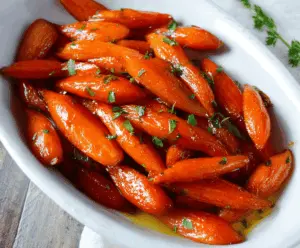 Freshly cooked carrots glazed with brown sugar, garnished with herbs, and served on a white plate—delicious Brown Sugar Glazed Carrots perfect for a savory side dish.