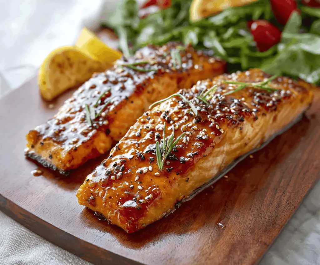Delicious brown sugar glazed salmon fillet with caramelized surface on a plate.