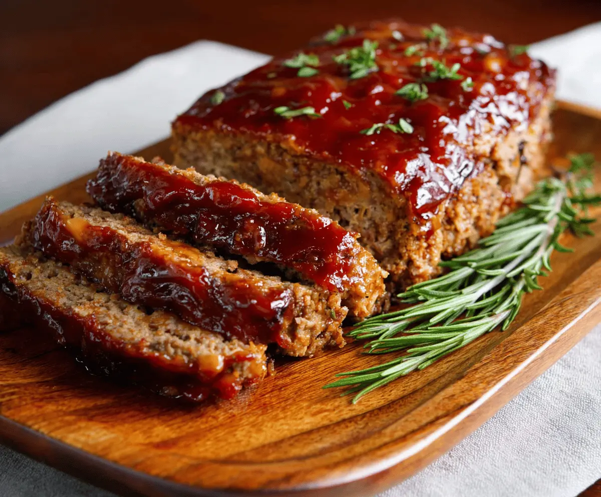 Delicious meatloaf glazed with brown sugar and ketchup, garnished with fresh herbs, on a rustic wooden plate