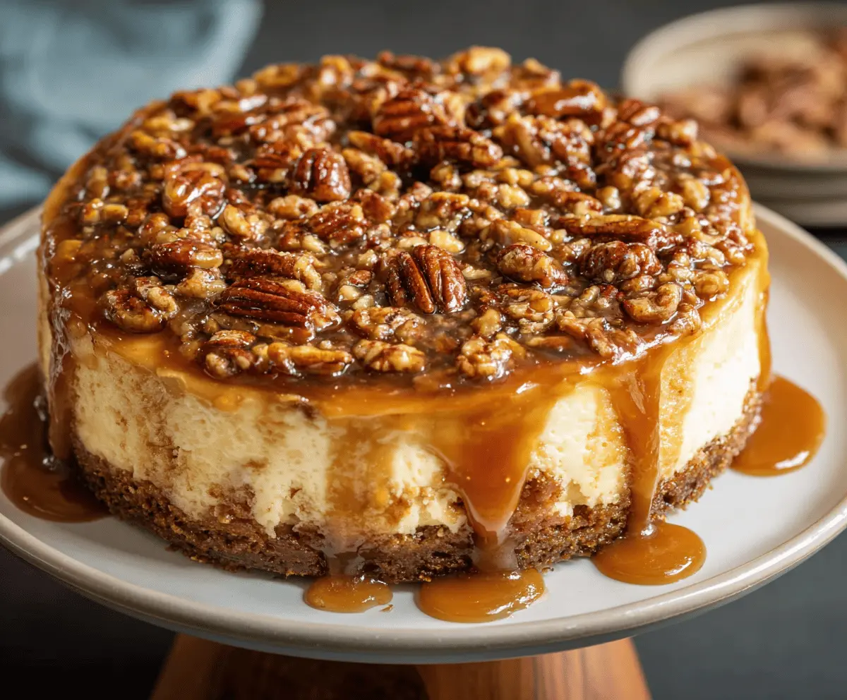 Delicious caramel pecan cheesecake topped with caramel drizzle and crunchy pecans, served on a white plate