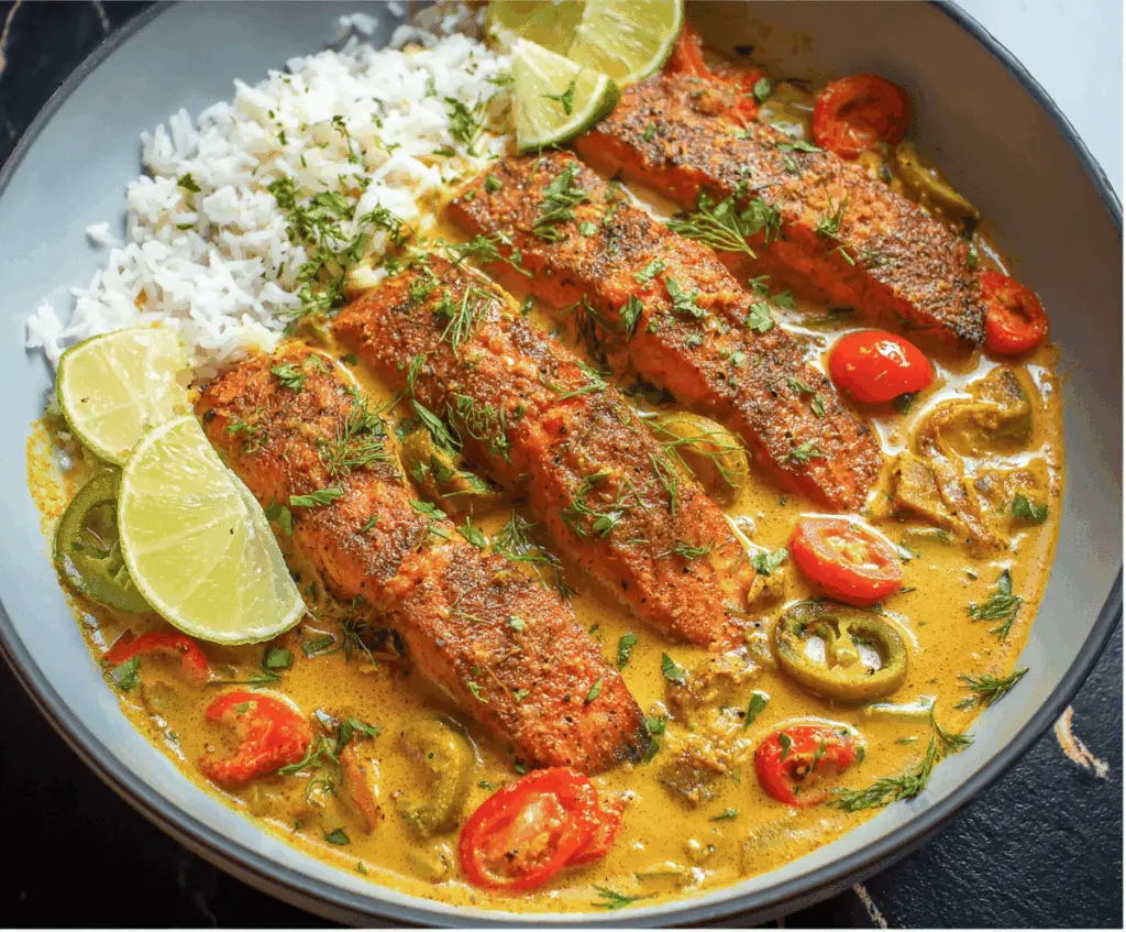 Creamy Caribbean Coconut Curry Salmon served with vibrant vegetables and fresh herbs on a white plate.