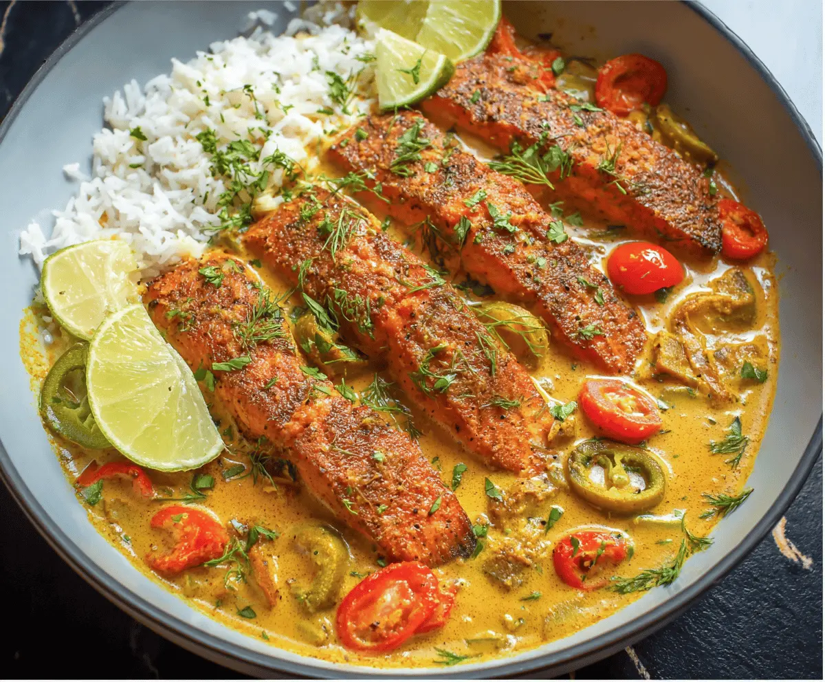 Creamy Caribbean Coconut Curry Salmon served with vibrant vegetables and fresh herbs on a white plate.