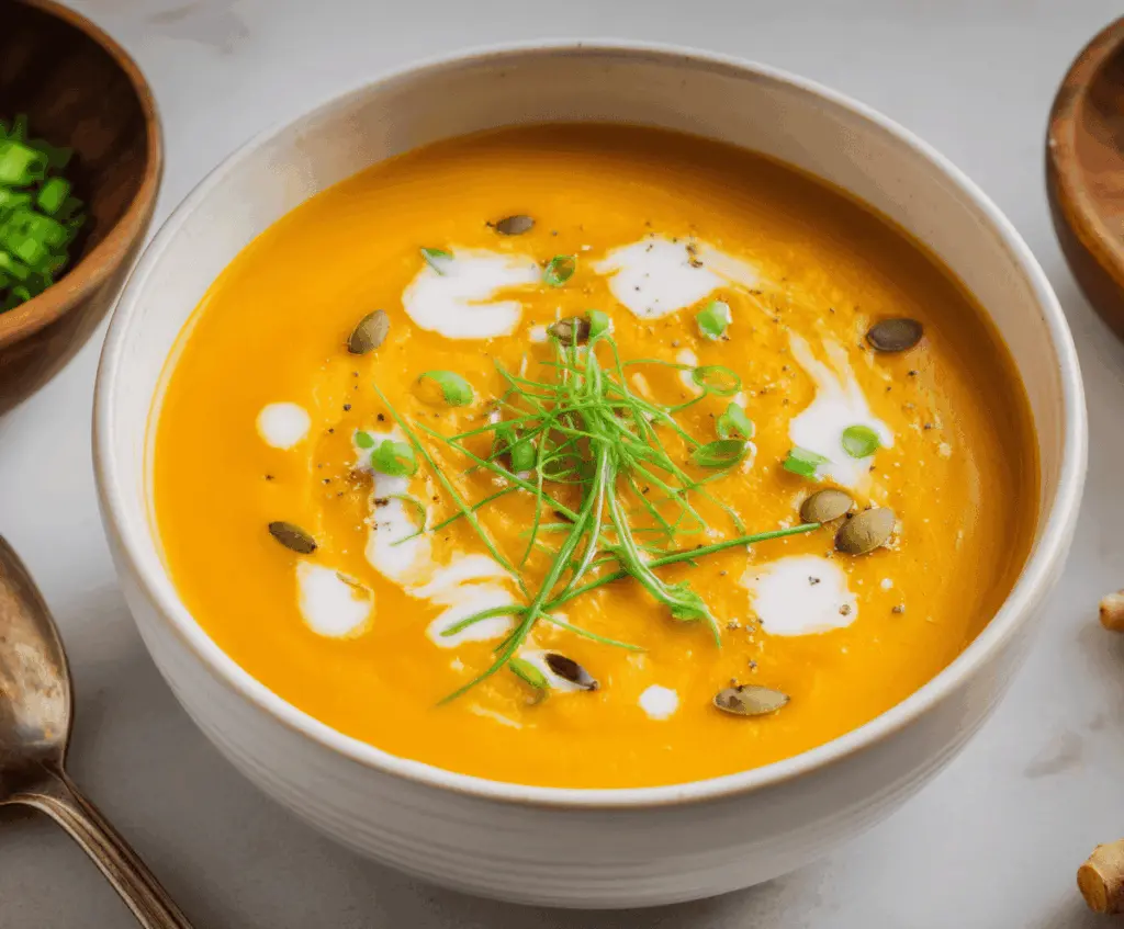 Creamy carrot ginger soup garnished with fresh herbs in a white bowl, served with crusty bread on a rustic wooden table.
