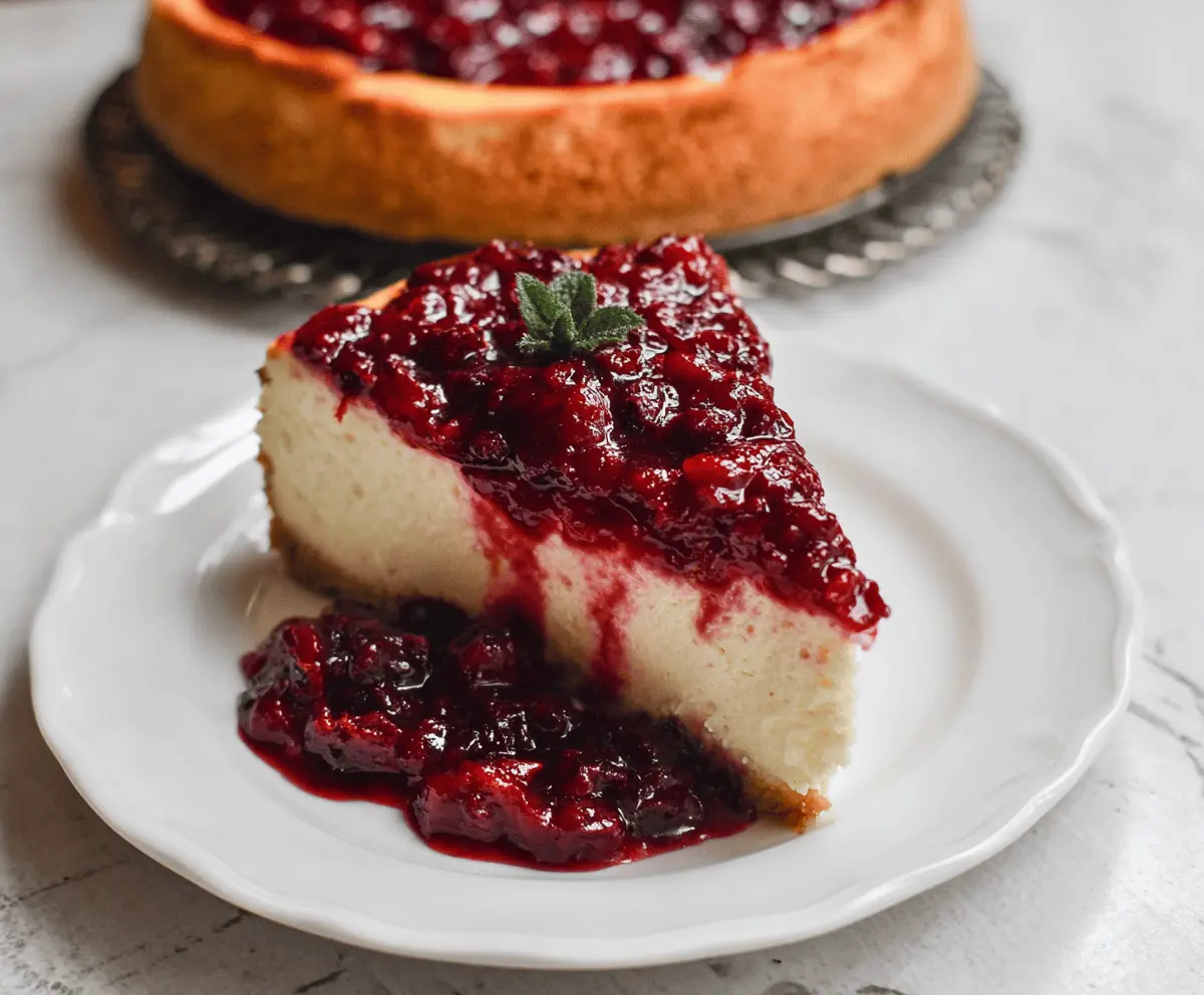 Creamy cheesecake topped with vibrant cranberry sauce, served on a white plate for a delicious dessert presentation