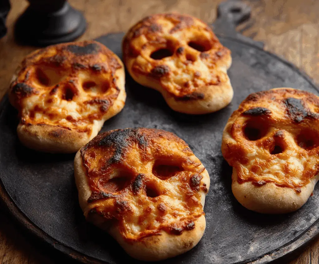 Delicious cheesy Halloween pizza skulls with melted cheese and spooky design for a fun festive treat