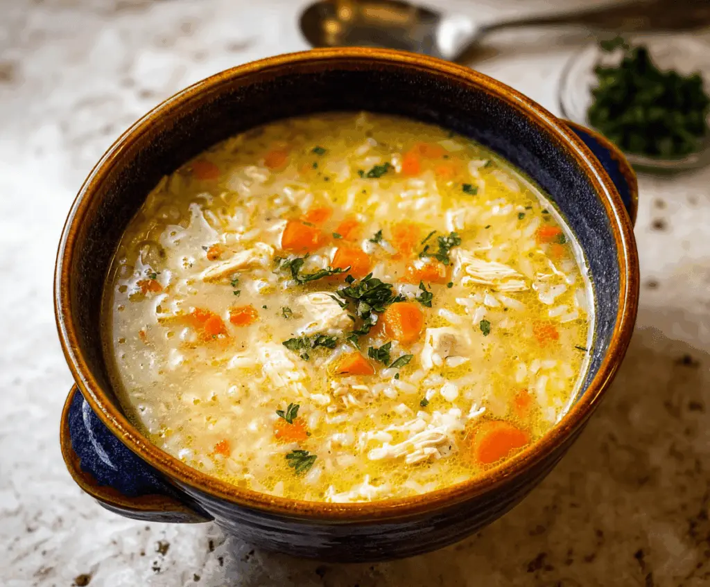 A steaming bowl of Chicken and Rice Soup garnished with fresh herbs, featuring tender chicken pieces, rice, vegetables, and a flavorful broth.