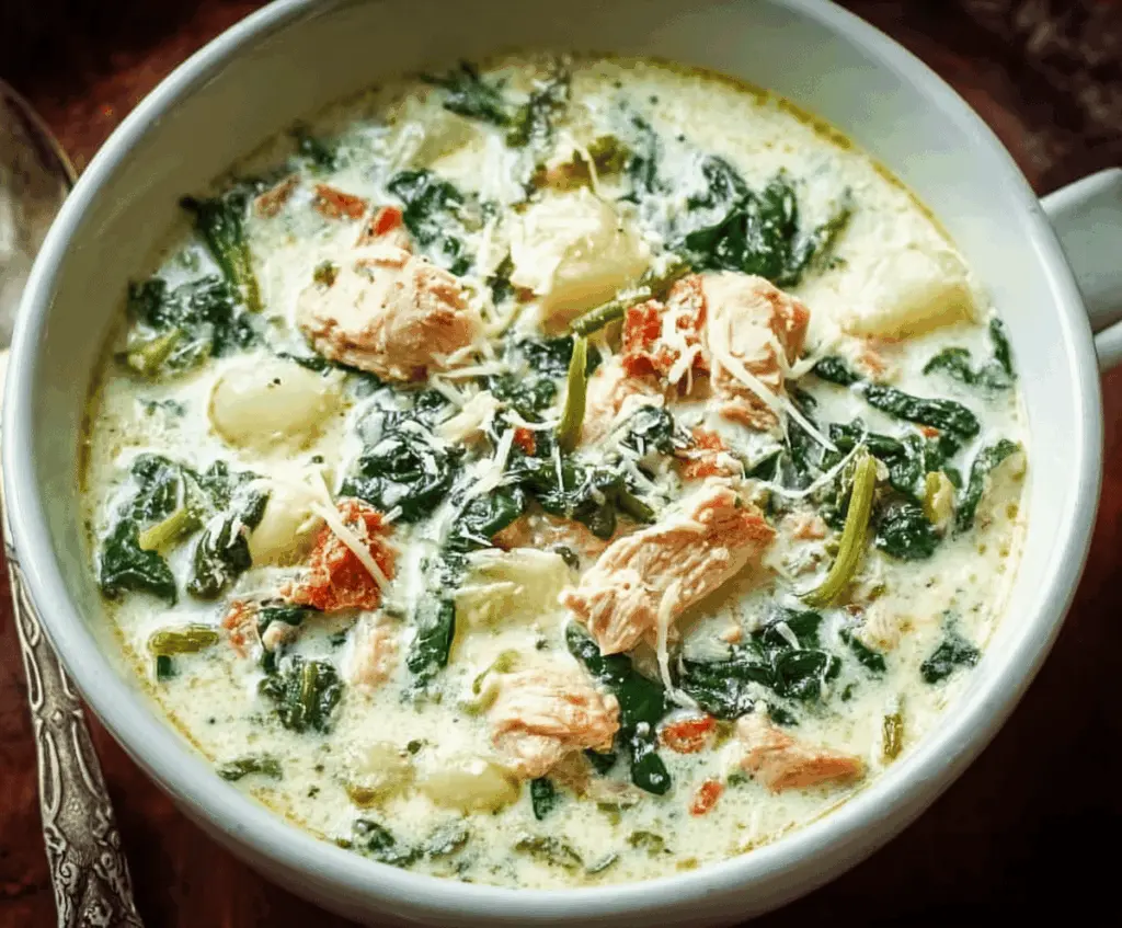 Creamy Chicken Florentine Soup with spinach, tender chicken, and Parmesan cheese served in a bowl
