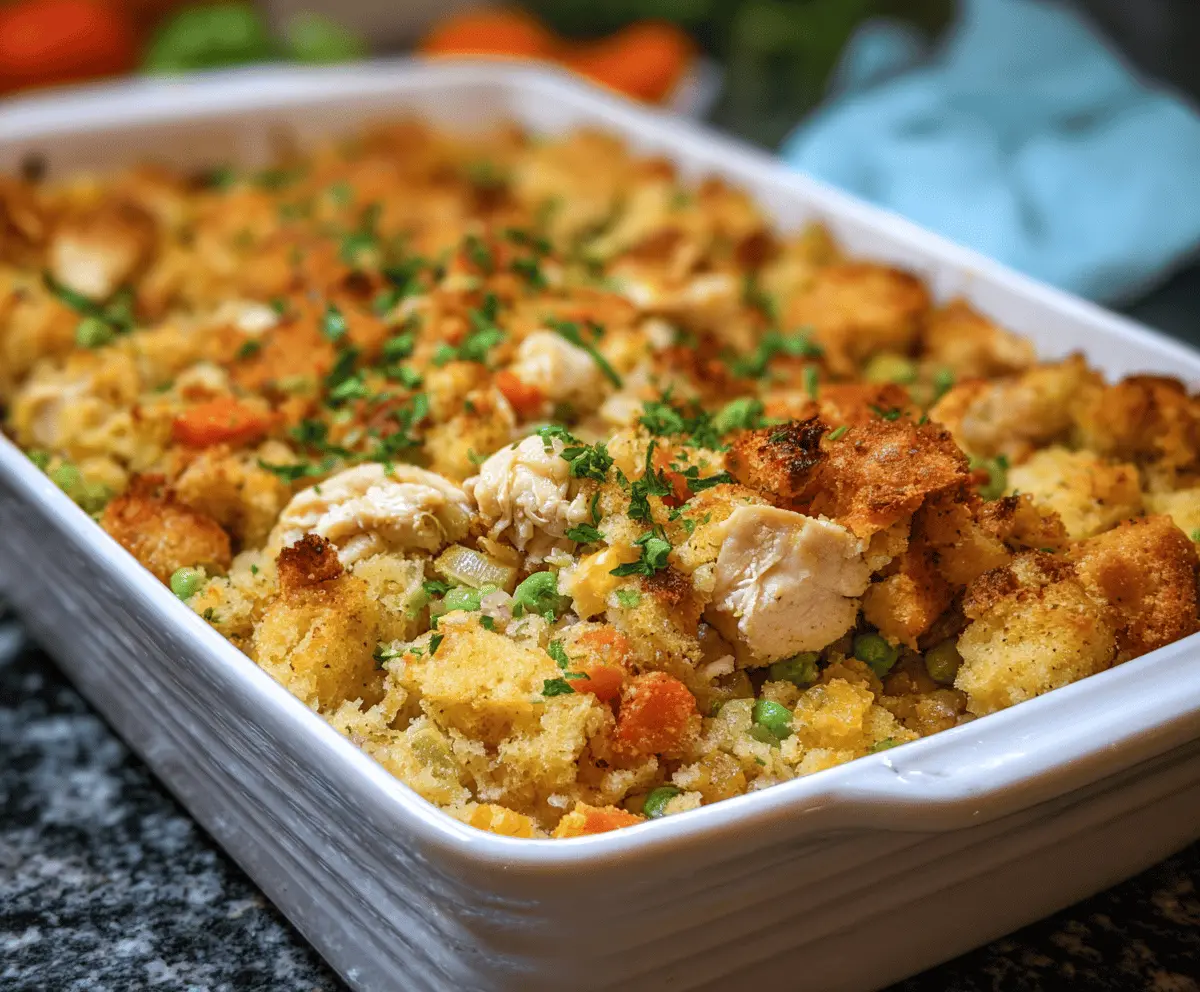 Delicious Chicken & Stuffing Casserole topped with golden-brown breadcrumbs and garnished with fresh herbs, served hot on a white plate.