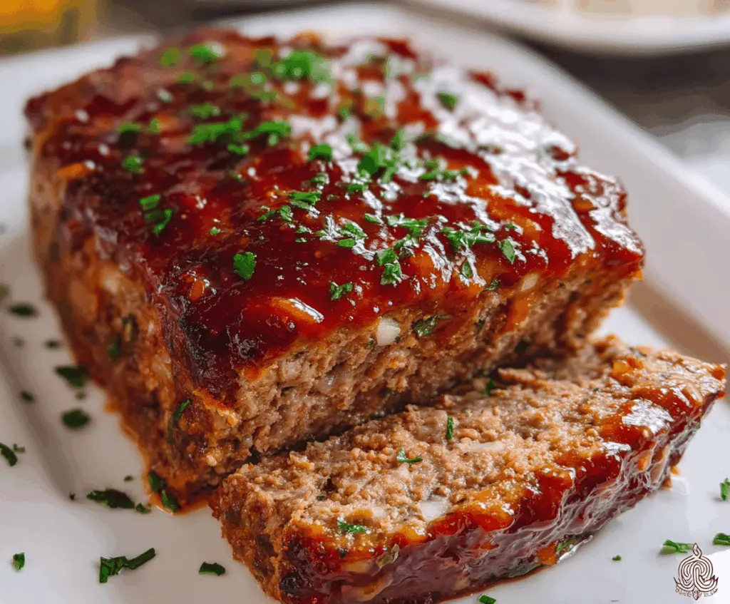 Delicious homemade chipotle meatloaf garnished with fresh herbs and served on a white plate, perfect for a smoky, flavorful dinner