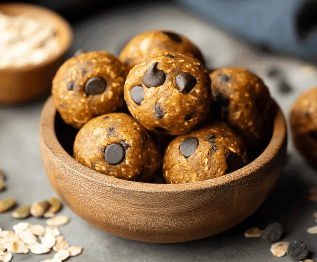 Delicious homemade chocolate chip pumpkin protein balls on a plate, featuring a creamy pumpkin base with chocolate chips, perfect for a healthy snack or energy bite