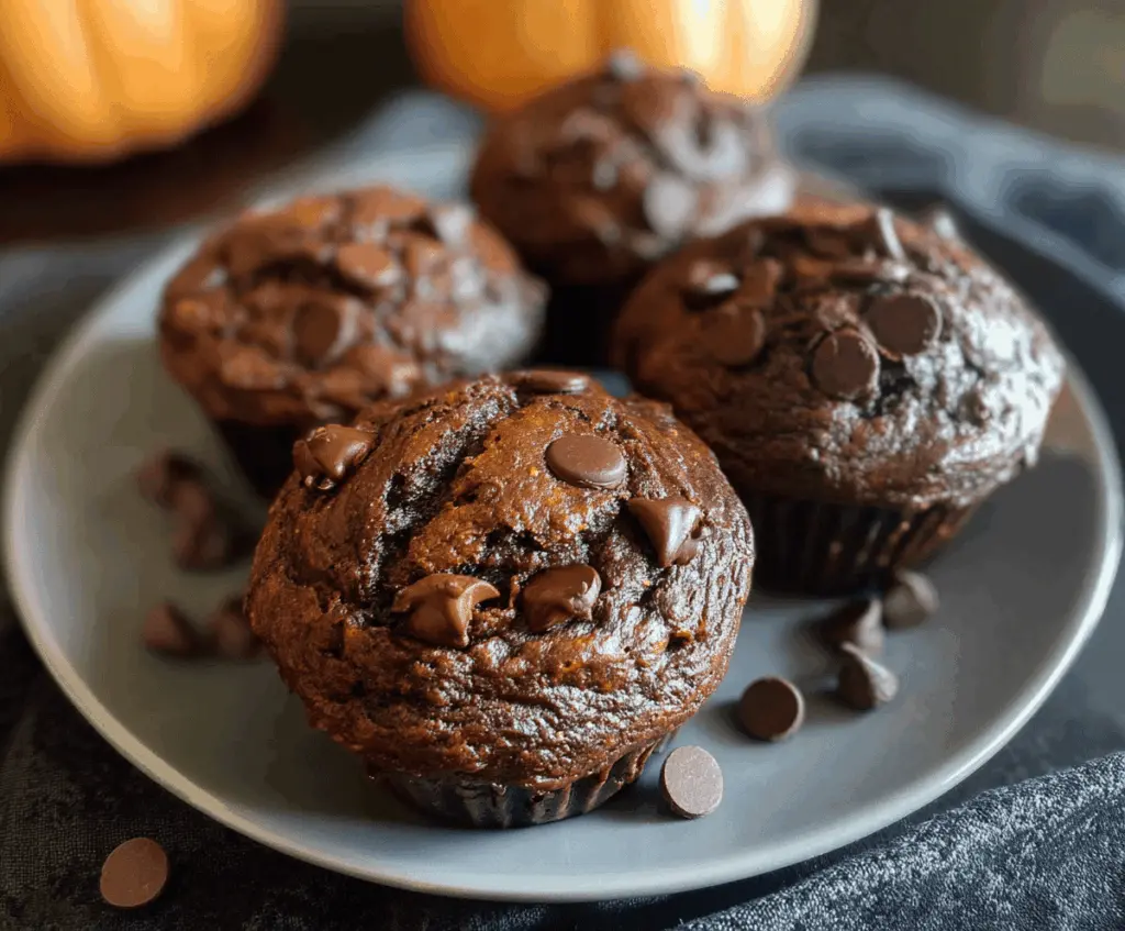 Delicious homemade chocolate pumpkin muffins topped with chocolate chips, perfect for fall desserts and healthy snacks