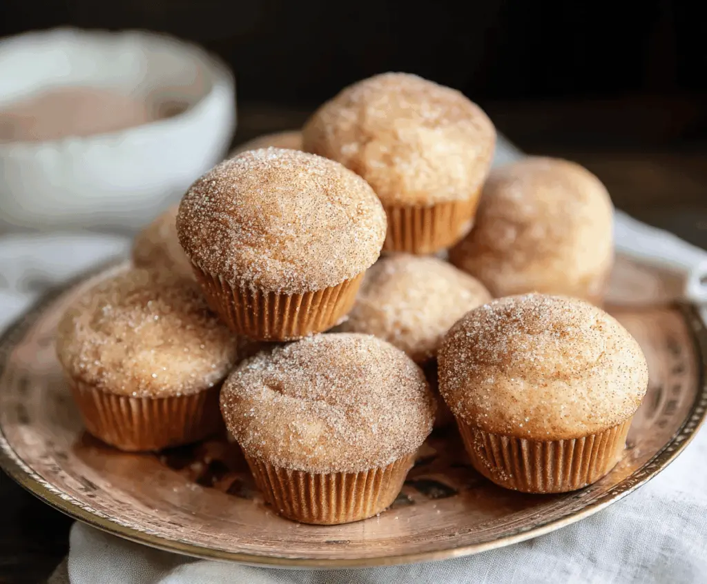 Sweet cinnamon sugar donut muffins topped with a cinnamon-sugar coating and drizzled glaze on a white plate.
