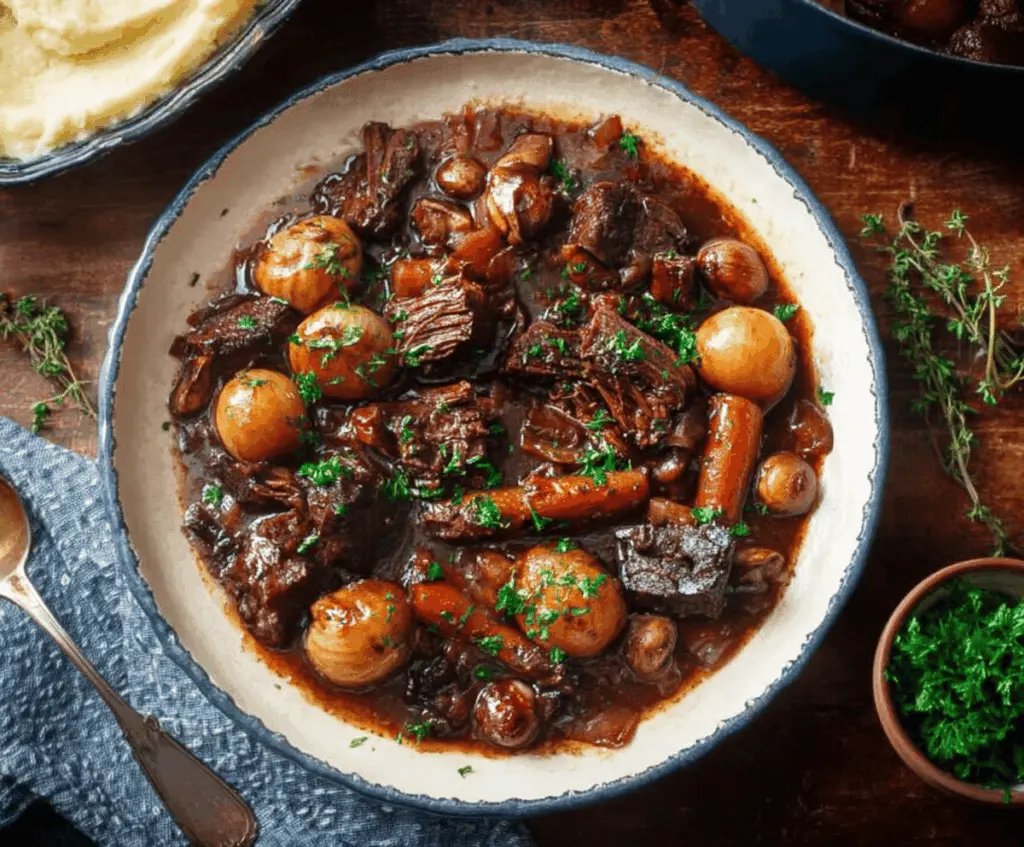 Delicious Classic French Beef Bourguignon served in a rustic dish with tender beef, mushrooms, and onions in rich red wine sauce