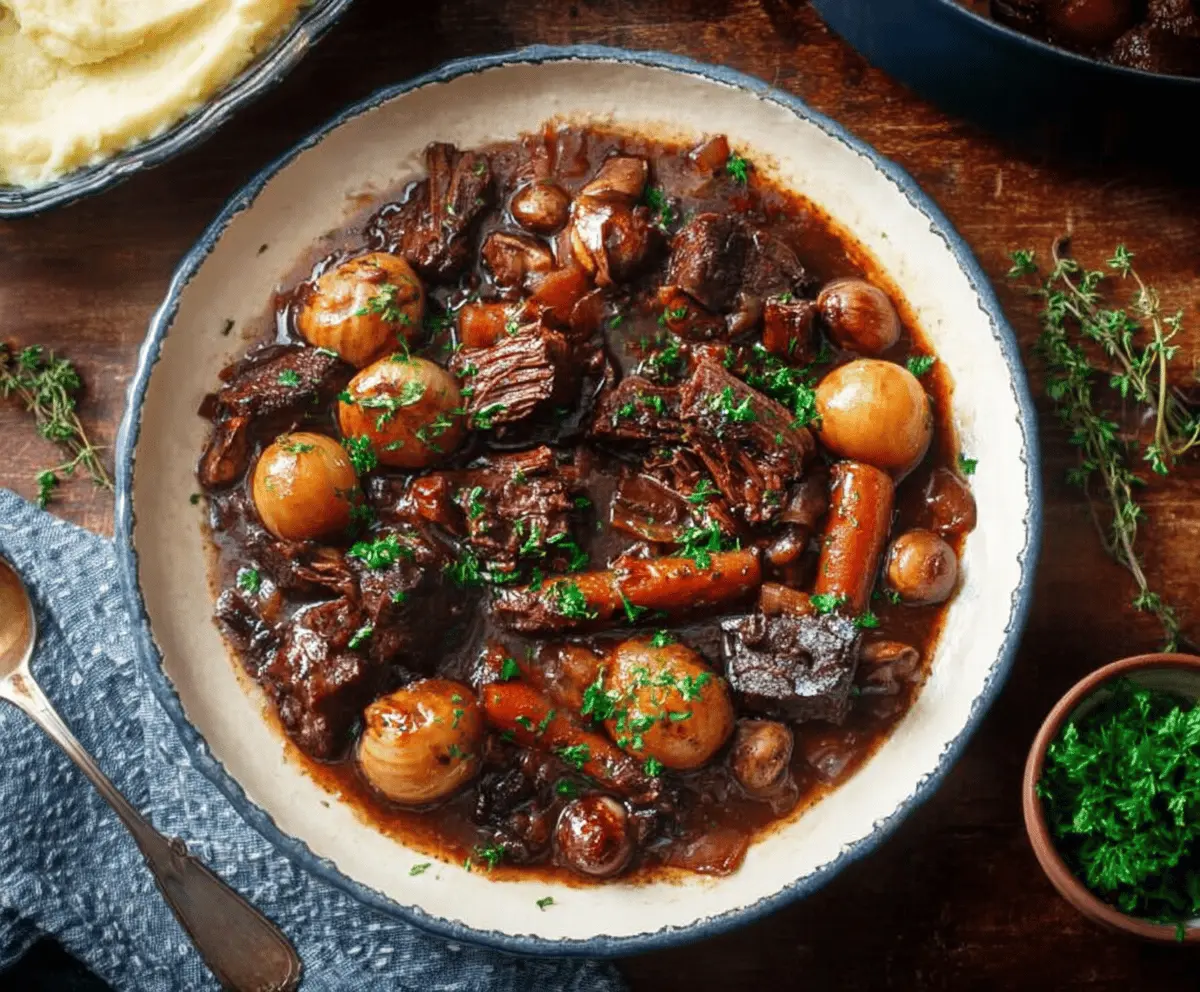 Delicious Classic French Beef Bourguignon served in a rustic dish with tender beef, mushrooms, and onions in rich red wine sauce