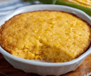 Delicious homemade corn casserole topped with melted cheese and fresh herbs, served in a baking dish for a savory side dish.