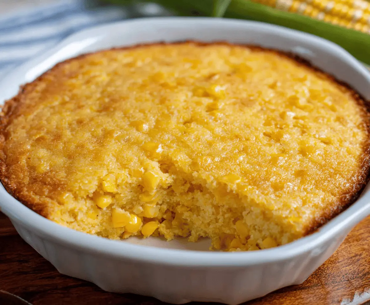 Delicious homemade corn casserole topped with melted cheese and fresh herbs, served in a baking dish for a savory side dish.